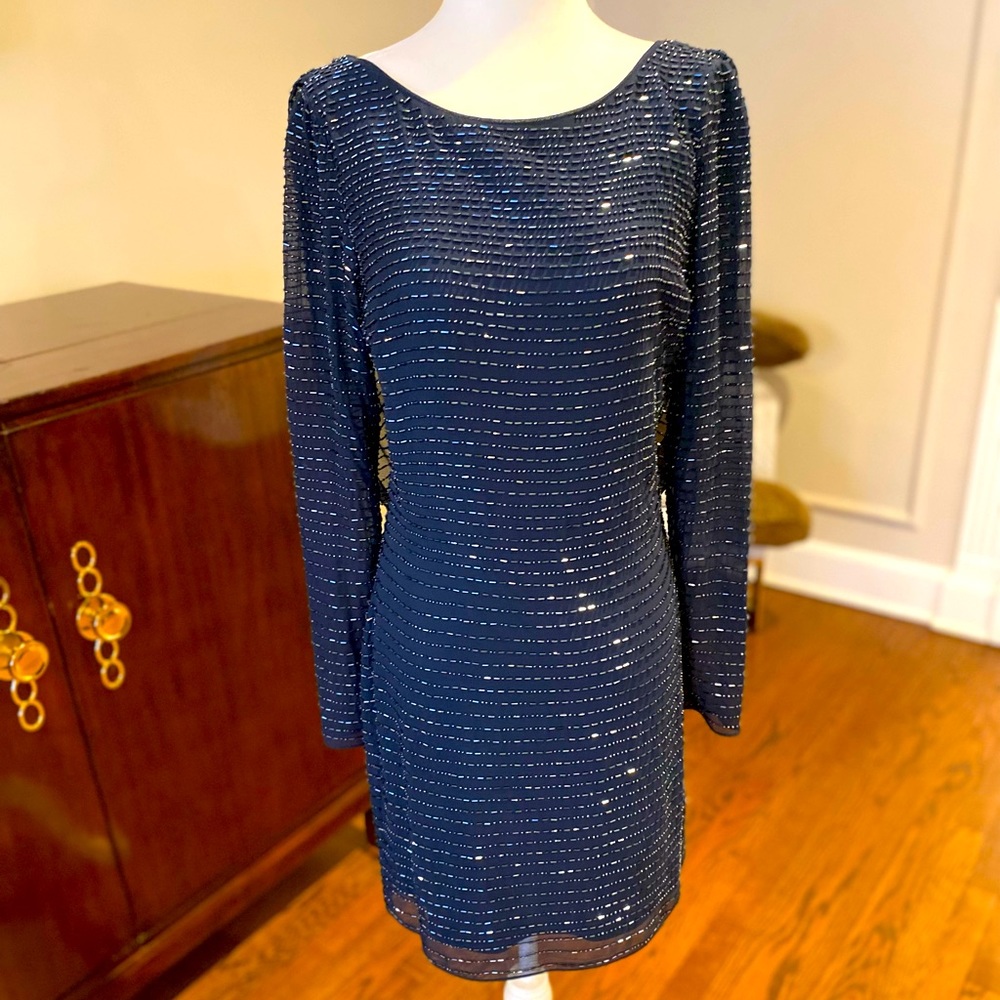 Stunning Navy Blue backless beaded Aidan Mattox Holiday dress. Size 6